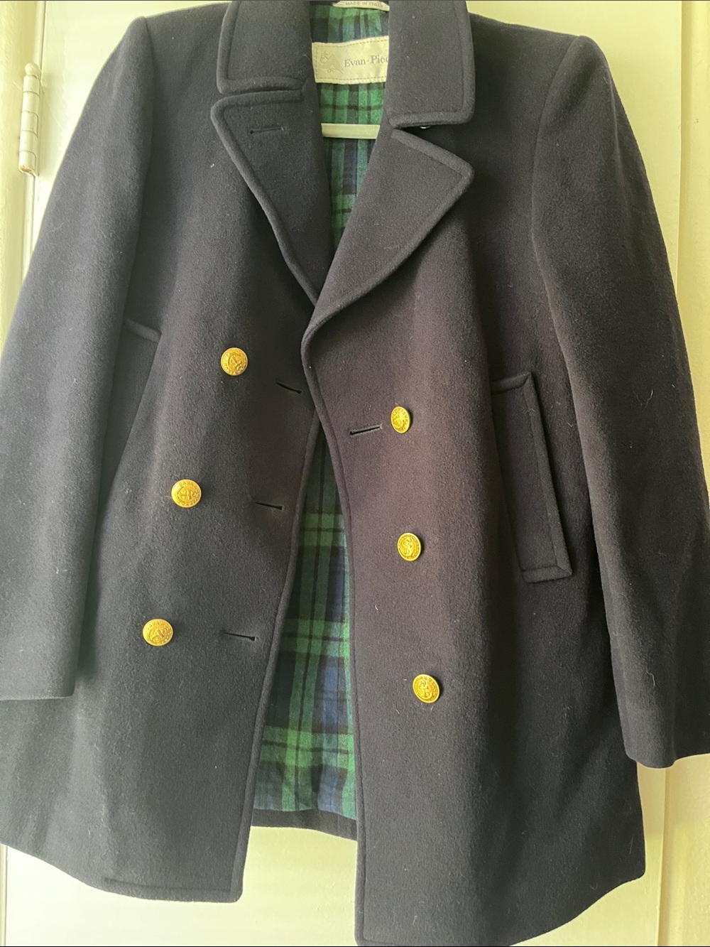 Evan Picone Navy Double-Breasted Wool Peacoat with Gold Buttons